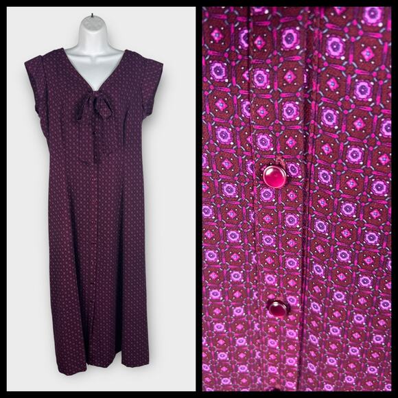 90s Danny & Nicole Purple Bow Neck Button Front Floral Maxi Dress Size 12 - Picture 1 of 8